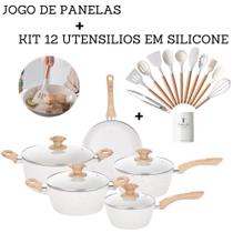 Jogo De Panelas Antiaderente Cerâmica Conjunto 5 Peças Gás Indução + Kit 12 Utensílios De Cozinha