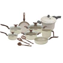 Jogo de Panelas Antiaderente Com Panela de Pressão 11 Peças Baunilha Tampa de Vidro Jogo de Panelas Antiaderente Com Panela de Pressão 11 Peças Baunilha Tampa de Vidro