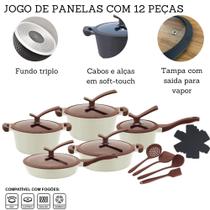 Jogo De Panelas Antiaderente Conjunto Revestido em Cerâmica Gás Indução 12 Peças - BEGE