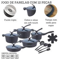 Jogo De Panelas Antiaderente Conjunto Revestido em Cerâmica Gás Indução 12 Peças - CINZA