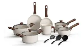 Jogo De Panelas Antiaderente Indução 10 Peças Fundo Triplo Pratic Cook Marmol Baunilha Mimo Style