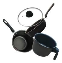 Jogo De Panelas Antiaderente Preto 3 Peças Tampa De Vidro Rl