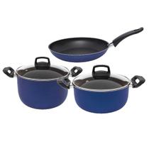 Jogo de panelas antiaderentes azul royal 3 peças com caldeirão Jogo de panelas antiaderentes azul royal 3 peças com caldeirão