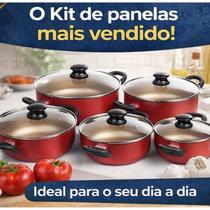 Jogo de Panelas Antiaderentes CJ 05 Panelas com Tampa de Vidro e Alças em Banquelite Cor Grafite e Cereja Alumbella