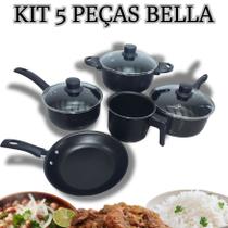 Jogo De Panelas Bella Conjunto Antiaderente 5 Peças Caneco, frigideira, caçarola Tampa Vidro Teflon Preto