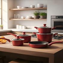 Jogo de Panelas Brinox Ceramic Life Óptima 5 Peças Antiaderente Cerâmica com Indução Alumínio Vermelho Soft Touch