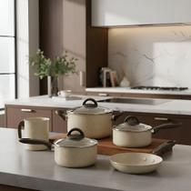 Jogo de Panelas Brinox Ceramic Life Suprema 5 Peças Antiaderente Cerâmica Alumínio Vanilla com Tampas de Vidro