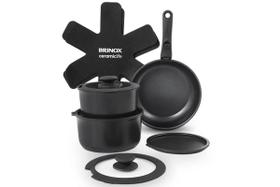 Jogo de Panelas Brinox Fit 10 peças Cabo Removível, Antiaderente Cerâmico, Para Indução Compacto e Empilhável Cor Preto