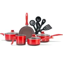Jogo De Panelas Brinox Life Smart Easy 5 Peças Cerâmica Vermelho Com Utensílios Preto - 10 Peças