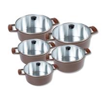 Jogo De Panelas Caçarola Alumínio Cava 5 Pçs Tampa De Vidro Cor Chocolate