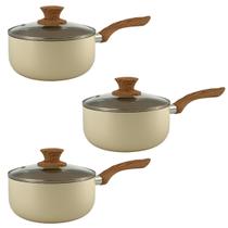 Jogo de Panelas Caçarola Cerâmica Antiaderente 3 Pçs Bege Grécia