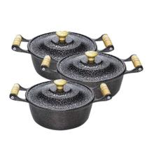 Jogo de Panelas Caçarolas Alumínio Preto Alça e Puxador de Madeira 1 de 14 cm e 2 de 16 cm