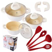 Jogo De Panelas Caçarolas Luxo Branca 3 Peças Com Kit 4 Talheres De Silicone - Utensílios De Cozinha Jogo De Panelas Caçarolas Luxo Branca 3 Peças Com Kit 4 Talheres De Silicone - Utensílios De Cozinha