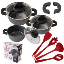 Jogo De Panelas Caçarolas Luxo Preto 3 Peças Com Kit 4 Talheres De Silicone - Utensílios De Cozinha Jogo De Panelas Caçarolas Luxo Preto 3 Peças Com Kit 4 Talheres De Silicone - Utensílios De Cozinha