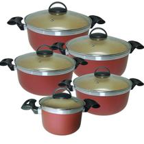 Jogo De Panelas Caçarolas Plus 16 a 24 Antiaderente Com 5 Camadas Teflon Cor Cereja e Dourado