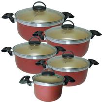 Jogo De Panelas Caçarolas Plus 16 a 24 Antiaderente Com 5 Camadas Teflon Cor Cereja e Dourado