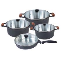 Jogo De Panelas Cava 18 22 24cm + Frigideira 24cm Alumínio Fundido Alça Madeira Craqueado