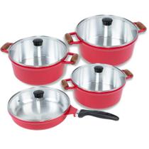 Jogo De Panelas Cava 18 22 24cm + Frigideira 24cm Alumínio Fundido Alça Madeira Vermelho