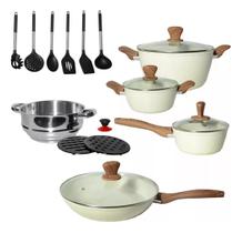 Jogo De Panelas Cerâmica 18 Pçs Cabo Madeira Antiaderente