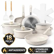 Jogo de Panelas Cerâmica 18 peças Antiaderente Cabo Removível Kit Completo Branco Compatível com Indução Gás Elétrico com Tampas Utensílios Silicone