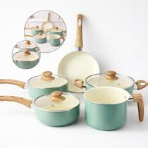 Jogo de Panelas Cerâmica 5 Peças Verde Antiaderente Premium Tampas de Vidro Cabos Soft Touch Cozinha Moderna Completo