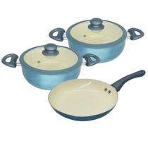 Jogo De Panelas Cerâmica Antiaderente Indução Tampa Silicone Fogão Cooktop 3 Peças