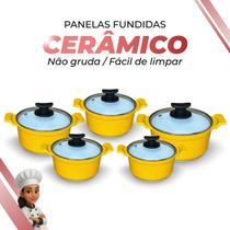Jogo De Panelas Cerâmica Branca Antiaderente 5 Peças Amarelo Tampa De Vidro Alça de Alumínio Jogo De Panelas Cerâmica Branca Antiaderente 5 Peças Amarelo Tampa De Vidro Alça de Alumínio