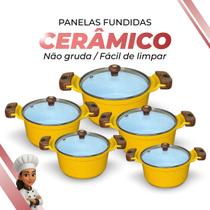 Jogo De Panelas Cerâmica Branca Antiaderente 5 Peças Amarelo Tampa De Vidro