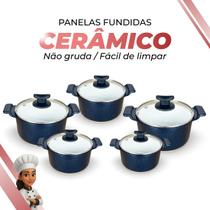 Jogo De Panelas Cerâmica Branca Antiaderente 5 Peças Azul Tampa De Vidro Alça de Alumínio