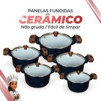 Jogo De Panelas Cerâmica Branca Antiaderente 5 Peças Azul Tampa De Vidro