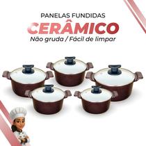 Jogo De Panelas Cerâmica Branca Antiaderente 5 Peças Cereja Tampa De Vidro Alça de Alumínio