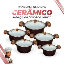 Jogo De Panelas Cerâmica Branca Antiaderente 5 Peças Cereja Tampa De Vidro
