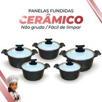 Jogo De Panelas Cerâmica Branca Antiaderente 5 Peças Preto Tampa De Vidro Alça de Alumínio