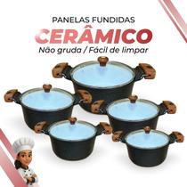 Jogo De Panelas Cerâmica Branca Antiaderente 5 Peças Preto Tampa De Vidro