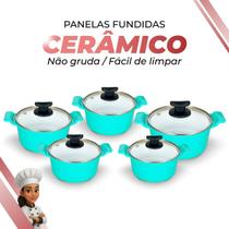 Jogo De Panelas Cerâmica Branca Antiaderente 5 Peças Verde Tampa De Vidro Alça de Alumínio