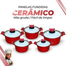 Jogo De Panelas Cerâmica Branca Antiaderente 5 Peças Vermelho Tampa De Vidro Alça de Alumínio