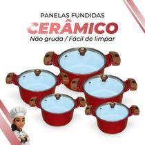 Jogo De Panelas Cerâmica Branca Antiaderente 5 Peças Vermelho Tampa De Vidro