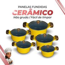 Jogo De Panelas Cerâmica Cinza Antiaderente 5 Peças Amarelo Tampa De Vidro
