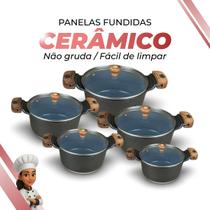Jogo De Panelas Cerâmica Cinza Antiaderente 5 Peças Preto Tampa De Vidro
