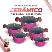 Jogo De Panelas Cerâmica Cinza Antiaderente 5 Peças Rosa Tampa De Vidro