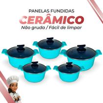 Jogo De Panelas Cerâmica Cinza Antiaderente 5 Peças Varias Cores Tampa De Vidro Alça de Alumínio