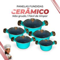 Jogo De Panelas Cerâmica Cinza Antiaderente 5 Peças Verde Tampa De Vidro