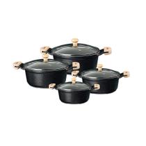 Jogo de panelas cerâmica com tampa de vidro e alças madeira - Aluminio Fundido Javali 4peças