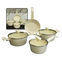 Jogo de Panelas Cerâmica Marmorizado Antiaderente Parma Conjunto Caçarolas Indução Cozinha Lua de Mel Revestimento Cerâmico Não Gruda Tampa de Vidro