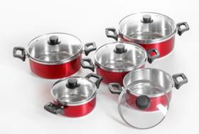 Jogo De Panelas Com Tampa De Vidro 5 Peças Vermelho Alumínio Reforçado