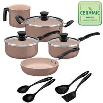 Jogo de Panelas com Utensílios Tramontina Revestimento Cerâmico 9 Peças Évora cor Capuccino