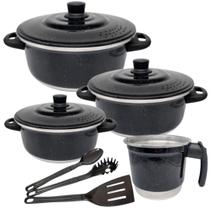 Jogo De Panelas de Alumínio Preto Liso 18 a 22 cm Fervedor N12 de 1 Litro Kit com 3 Espátulas