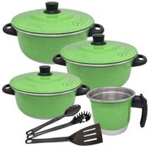 Jogo De Panelas de Alumínio Verde 18 a 22 cm Fervedor N12 de 1 Litro Kit com 3 Espátulas