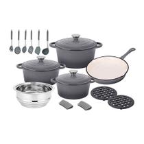 Jogo de Panelas de Ferro Fundido Esmaltadas Estilo Lê Crouset Cinza Select Cook - 18 peças
