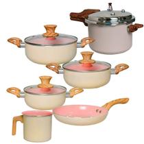 Jogo de Panelas e Panela de Pressão Antiaderente de Indução Revestimento Cerâmica Verona Bege 6 Peças - Rio Home